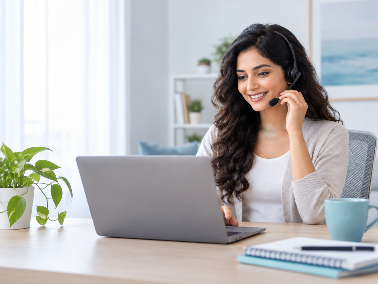 Customer-care professional at a laptop in a bright office